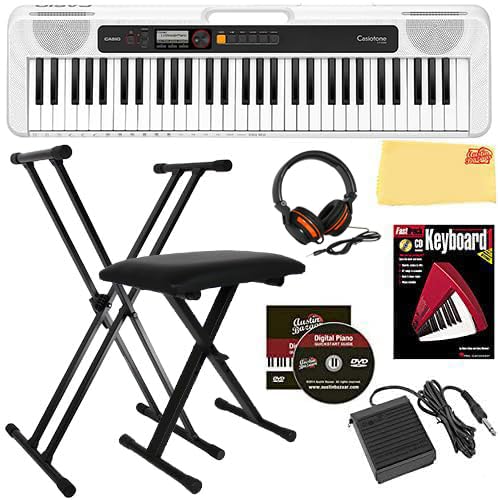 Casio Casiotone CT-S200 61-Key Portable Keyboard - White Bundle with Adjustable Stand, Bench, Headphones, Sustain Pedal, Piano B