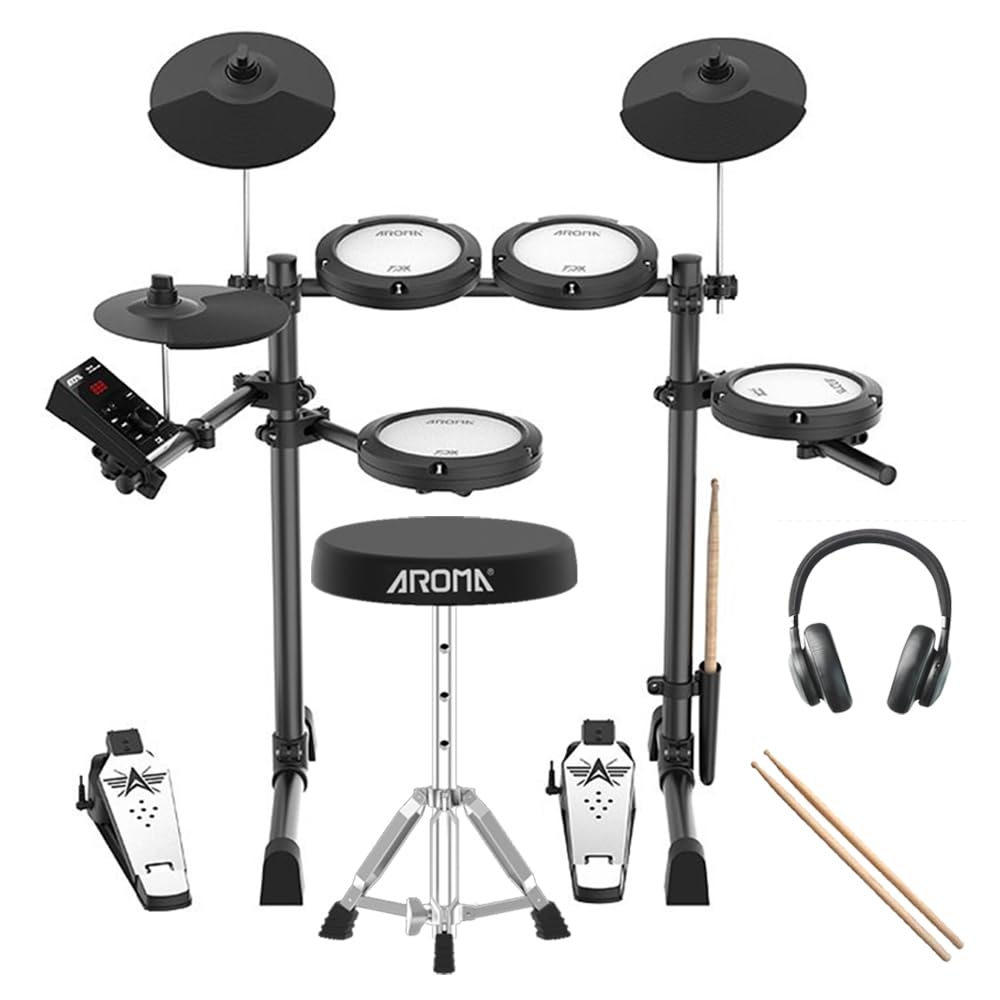 AROMA TDX-18 Electronic Drum Set with 4 Quiet Mesh Drum Pads, 2 Switch Pedal, Portable and Solid Drum Set with, Bluetooth, Drum 