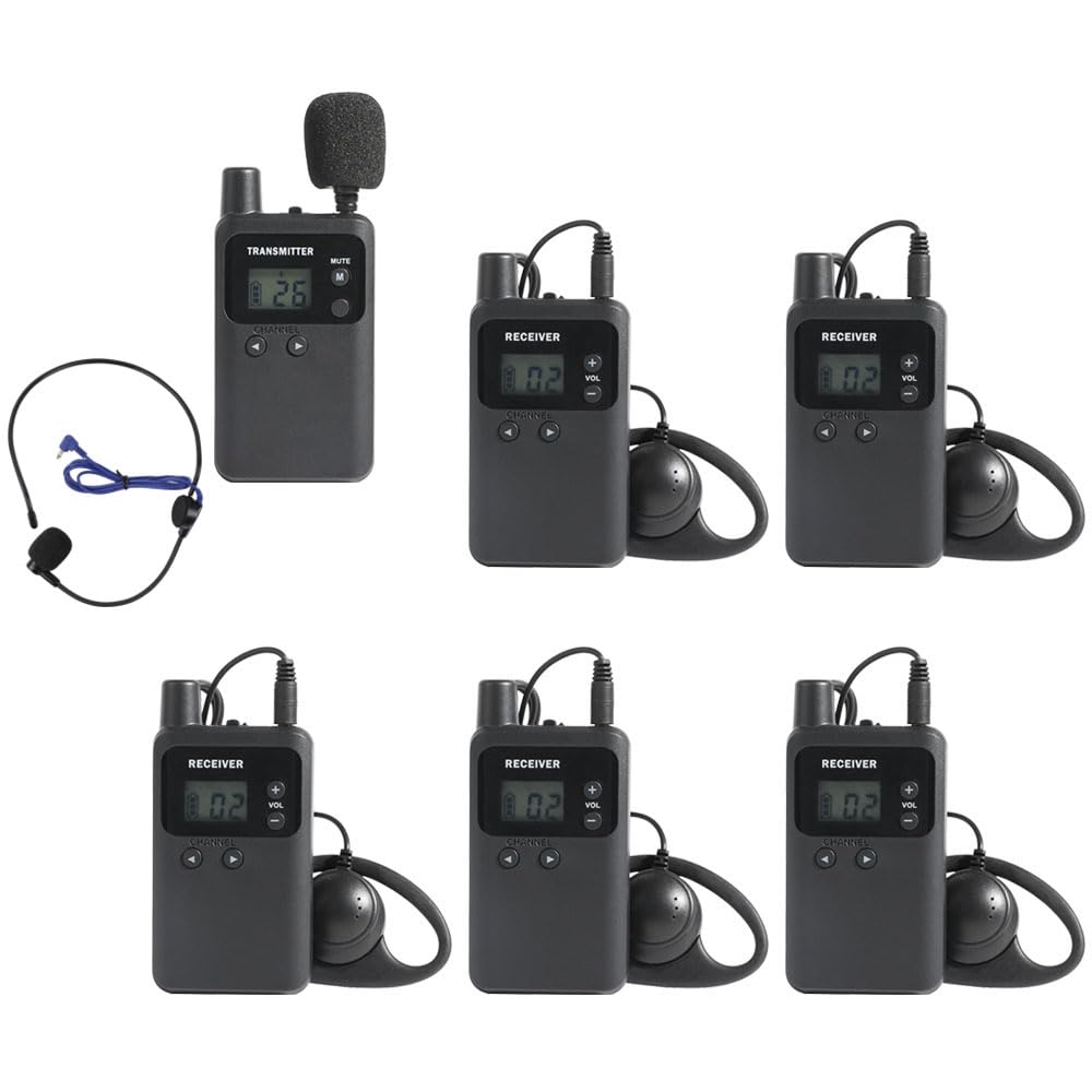 AGJ Wireless Tour Guide System, Tour Guide Microphone, Tour Guide Headsets 1 Transmitter 5 Receivers Assisted Listening Simultan