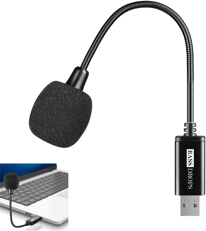 Bassdrops Mini Usb Microphone For Laptop And Desktop Computer, With Gooseneck & Universal Usb Sound Card, Compatible With Pc And