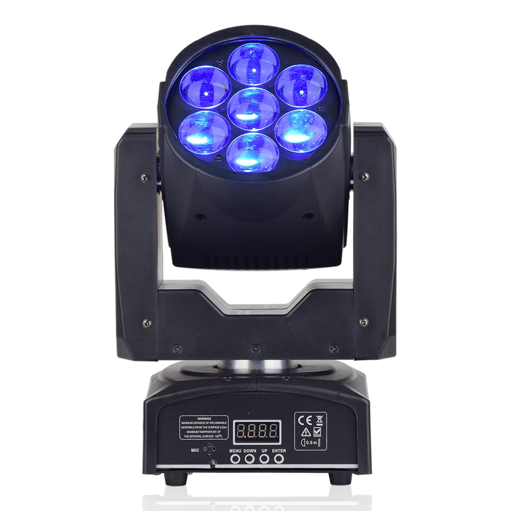 RIUKOE Led Moving Head Beam Zoom Wash Stage Light DMX 7x12w RGBW Color Mini Moving Head Lights for Clubs DJ Events Party