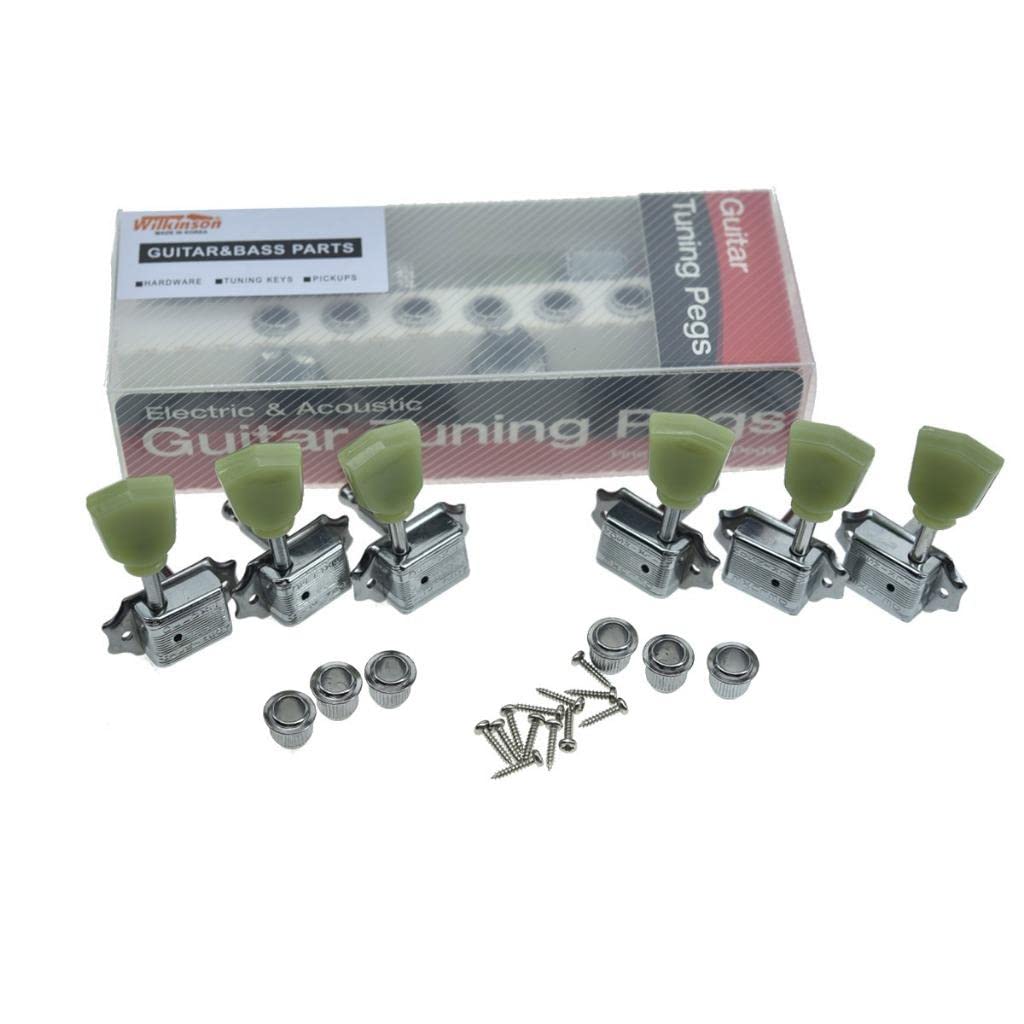 Wilkinson Chrome with Green Button 3x3 Deluxe Vintage Tuners Guitar Tuning Keys Machine Heads with Plastic Keystone Buttons for