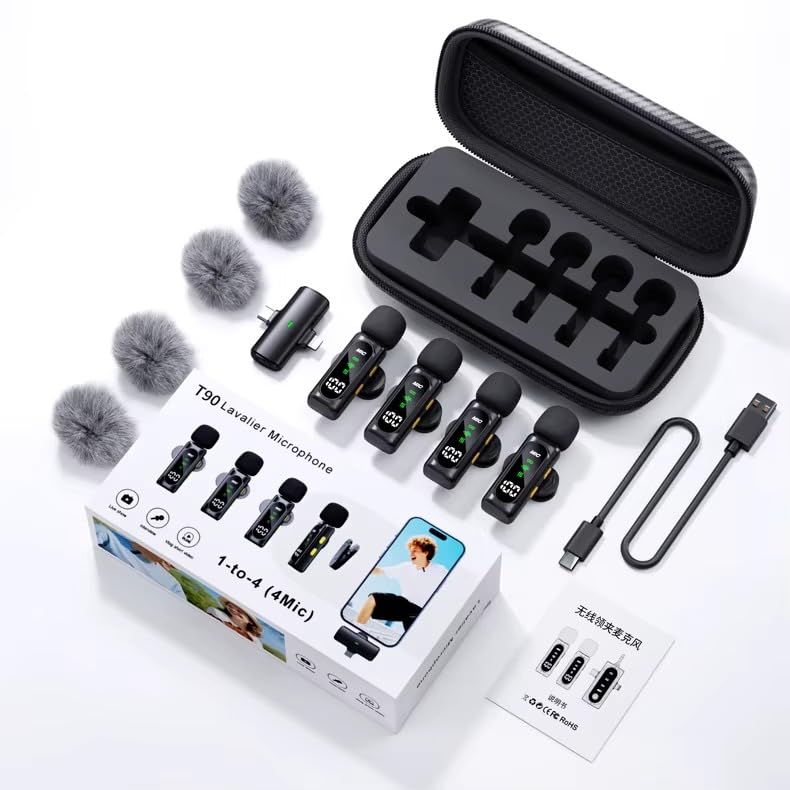 2026 Trending 4 In 1 Wireless Microphone, Noise Reduction Collar Mic With Charging Case, Wireless 4-Mic & 1 Receiver For Video R