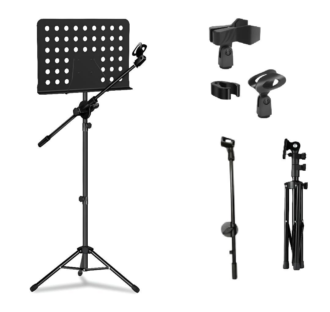 Powerpak Ms-25 5Ft Music Mic Stand With Boom Arm, Height & Angle Adjustable Orchestral, Conductor Sheet Stand And Music Sheet Fo