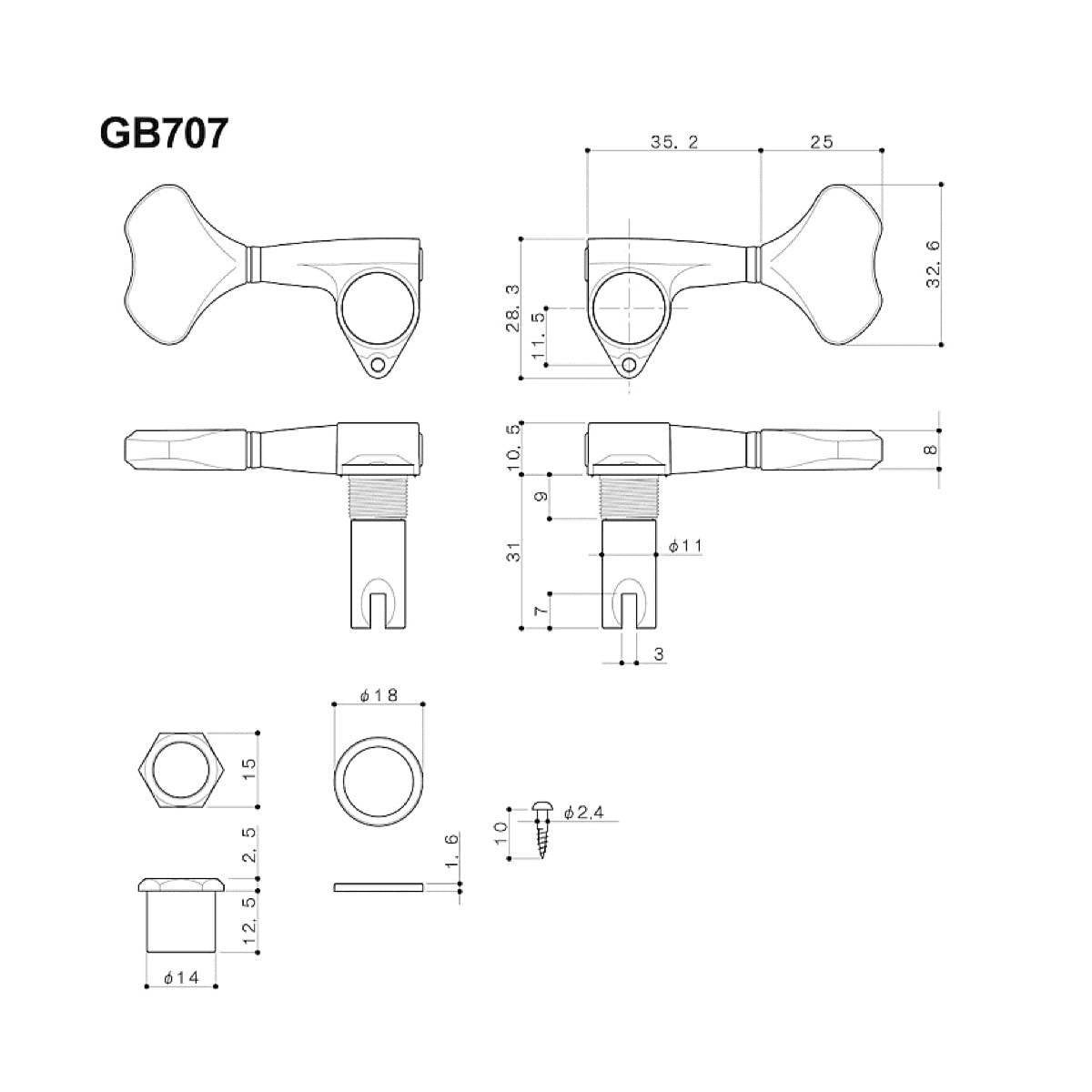 Gotoh Compact Bass Tuner Black (2 per side) - GB707