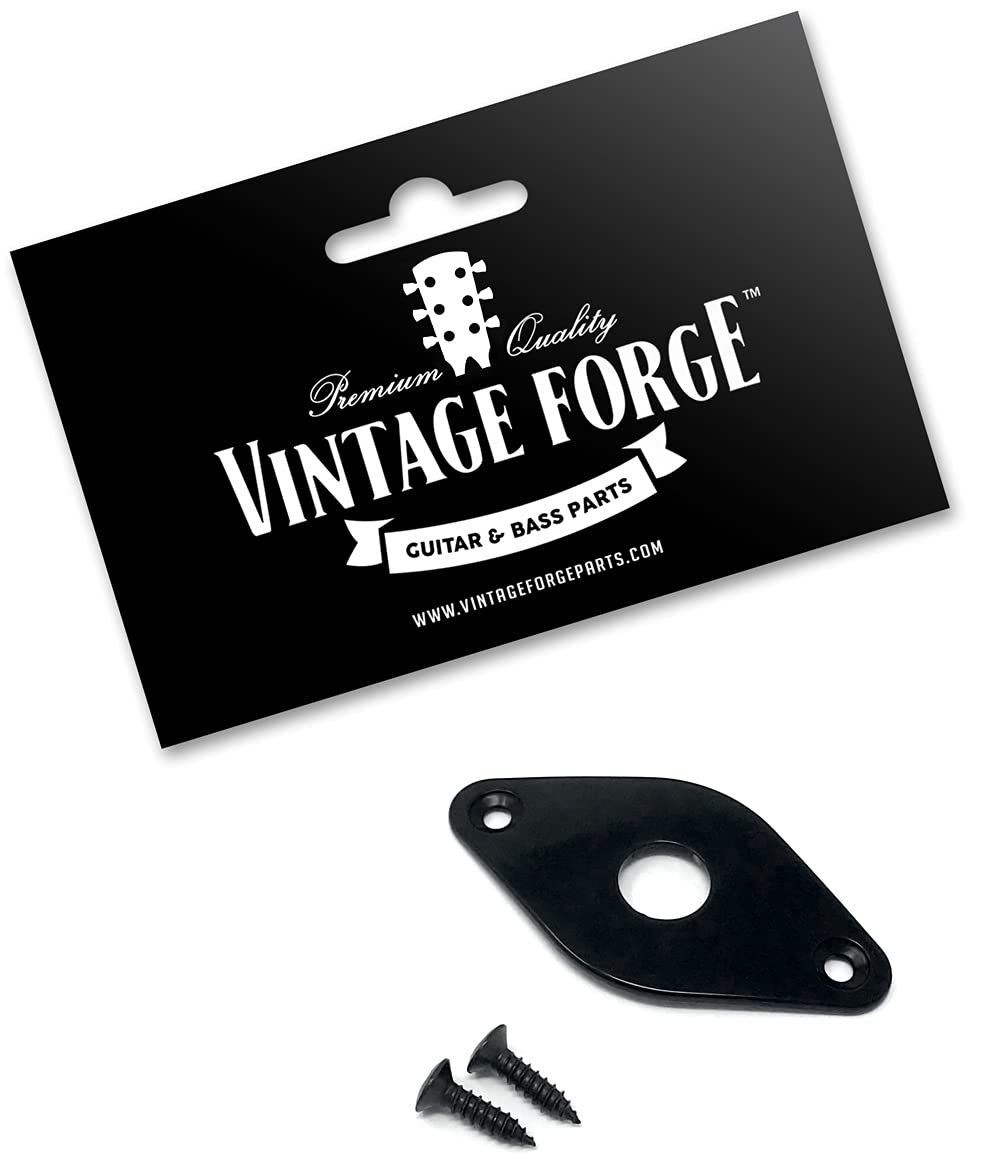Vintage Forge Diamond Jack Plate for Guitar and Bass Black with Screws Curved Metal Jackplate JPD40-BLK