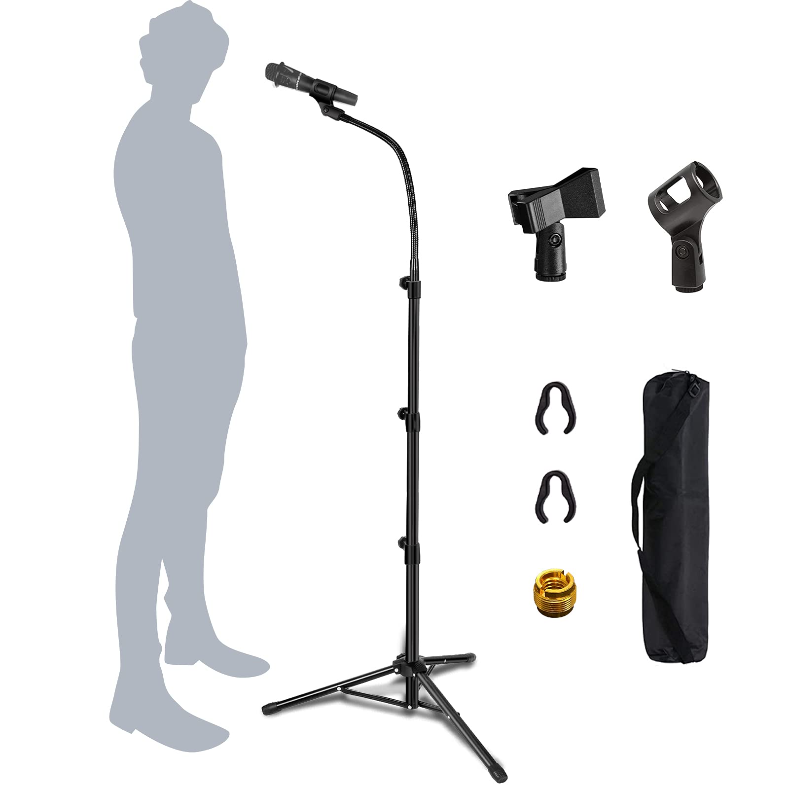 Mic Stand Boom Microphone Stands Tripod Gooseneck Mic Arm Stand Height Adjustable 3'- 6' With Mic Clips And 3/8'' - 5/8'' Adapte