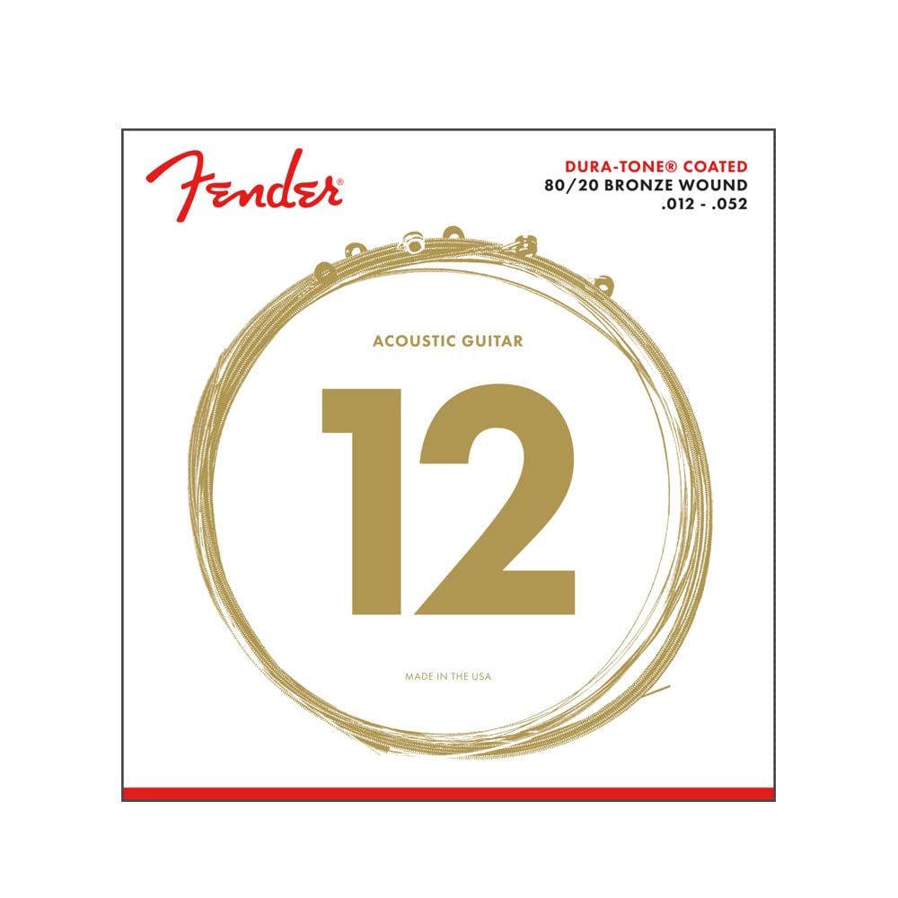 Fender Dura-Tone Coated 80/20 Bronze Acoustic Guitar Strings, .012-.052 String Gauge, Offers Clear Sound with a Smooth and Artic
