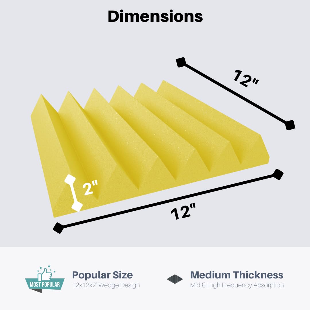 Soundproofing Acoustic Studio Foam - Yellow Color - Wedge Style Panels 12   x12   x2    Tiles - 4 Pack
