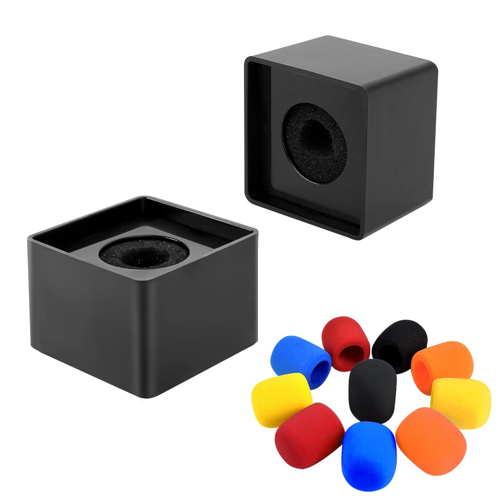Reton 2 Pack Microphone Flag Station Square Cube Shaped Interview Mic Logo With 10 Pcs Microphone Foam Cover