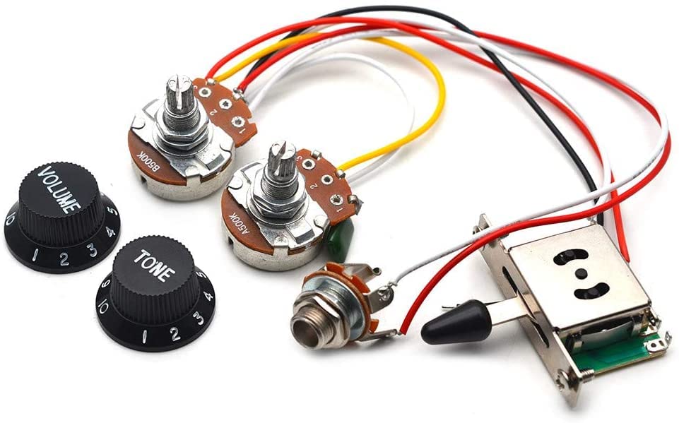 Maxcheer 3 Pickups Wiring Harness Prewired/5-Way Switch/Jack 1T1V Big 500K Pots/With 6.35 Output/Black Knobs For Electric Guitar