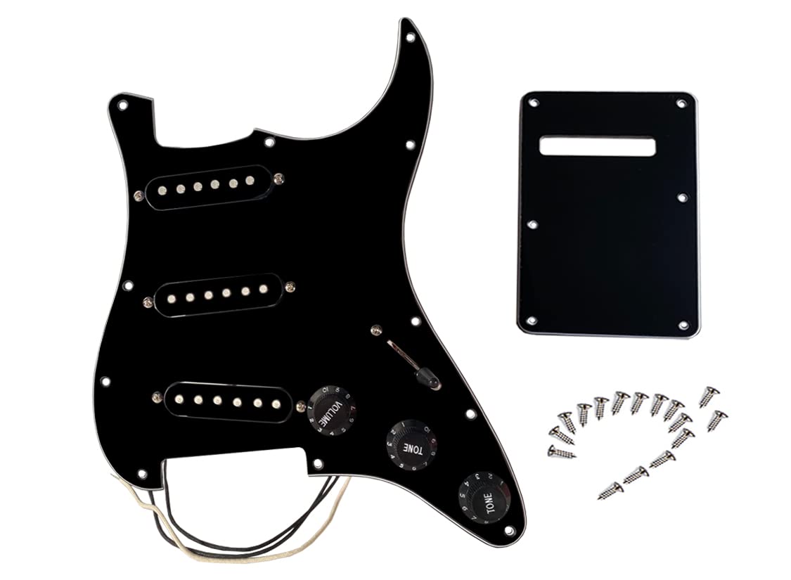 LAMSAM Prewired Pickguard Loaded Alnico V Single Coil Pickups, Black Pick Guard with Backplate Pre-loaded 5-way Switch Multi-ton