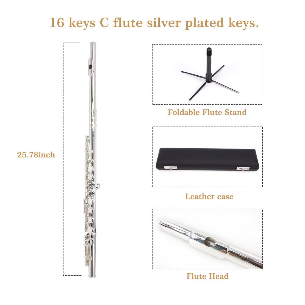 YANASON Closed Hole C Flutes 16 Key Nickel Beginner Student with Carrying Case Gloves Cleaning Rod Adjustment Screws and Cloth (