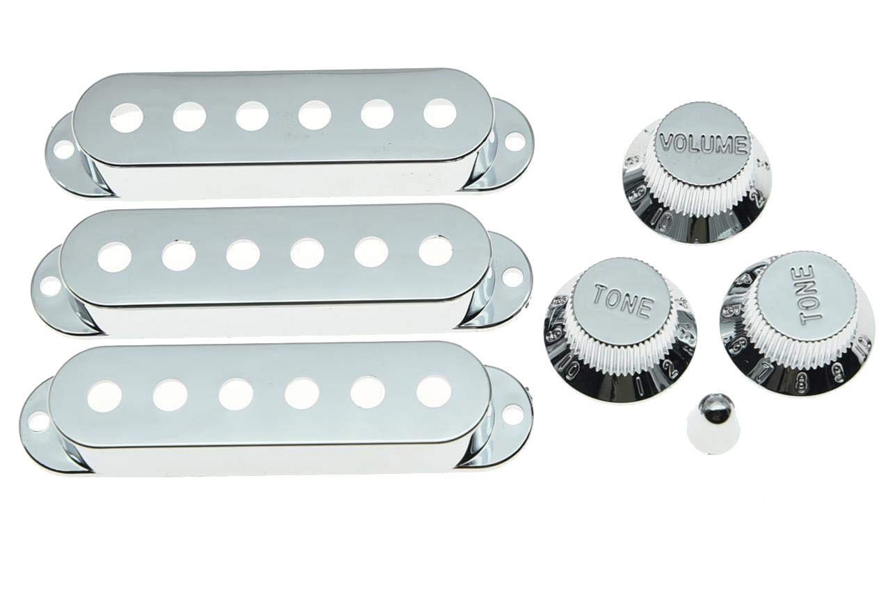 KAISH Chrome Plastic ST Strat 52mm Pole Spacing Pickup Covers Guitar Knobs and 5 Way Switch Tip for USA Stratocaster/Strat