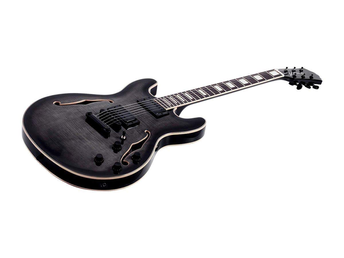 Monoprice 6 String Flamed Maple Hollow-Body Electric Guitar, With Gig Bag, Right, Gray - Indo Series