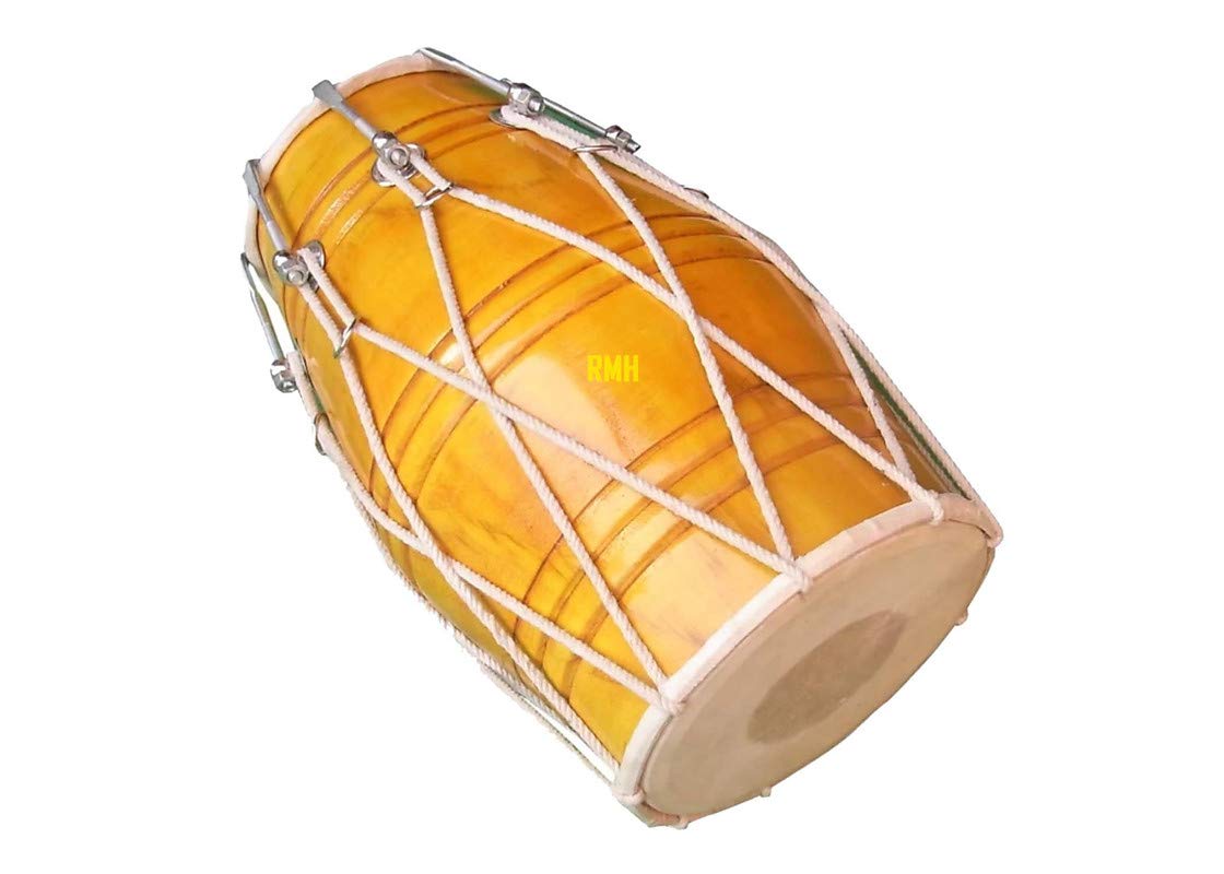Ganpati Traders Handmade Orange Shiny Polish Half Set Nut & Rope Fitting Both Side Goat Skin Dholak (Orange02)