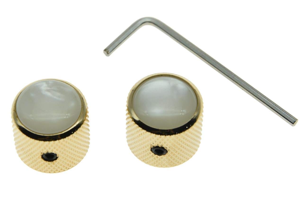 Dopro 2Pcs Gold With White Pearl Cap Guitar Dome Knobs For Tele Telecaster Set Screw Guitar Bass Knob
