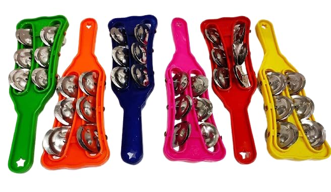 Indian Musical Hand Percussion Cymbals, 3-Line Steel Jingles With Plastic Handle, Multicolor Jhika Khanjari For Kirtan, Bhajan, 