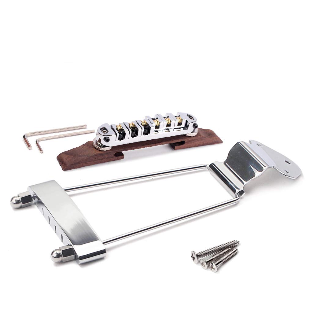 Ogdni 6 String Guitar Trapeze Tailpiece Bridge And Roller Tune-O-Matic Saddle Bridge For Jazz Archtop Guitar Replacement (Chrome