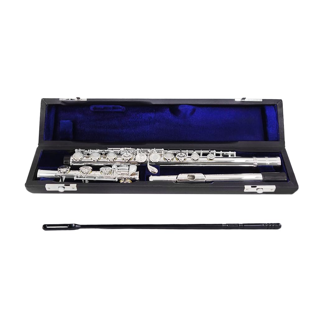 YANASON Open Hole C Flutes 17 Key Silver Beginner Student With Carrying Case Gloves Cleaning Rod Adjustment screws and Cloth (17