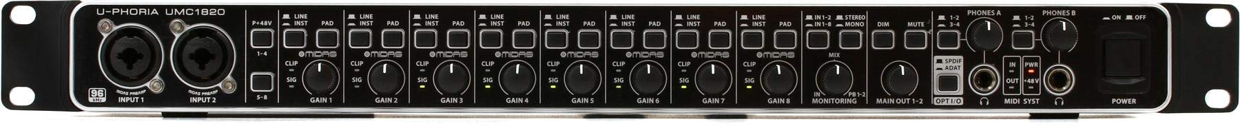 Behringer UMC1820 Audiophile 18x20 USB Audio/MIDI Interface with Midas Mic Preamplifiers and ADAT I/O | For Recording Microphone
