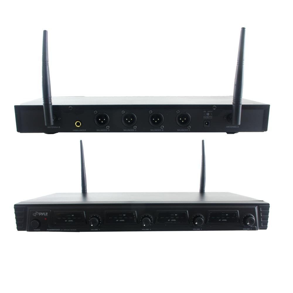 Pyle 4 Channel Wireless Microphone System - Portable UHF Audio Mic Set with 2 Handheld, 2 Headset, 2 Lavalier Mics, 2 Transmitte