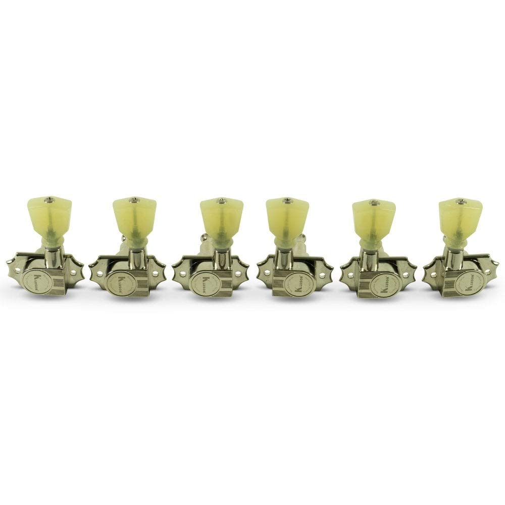 Tuner - Kluson, Revolution G Mount, Pearloid Button, 3/Side, Color: Nickel