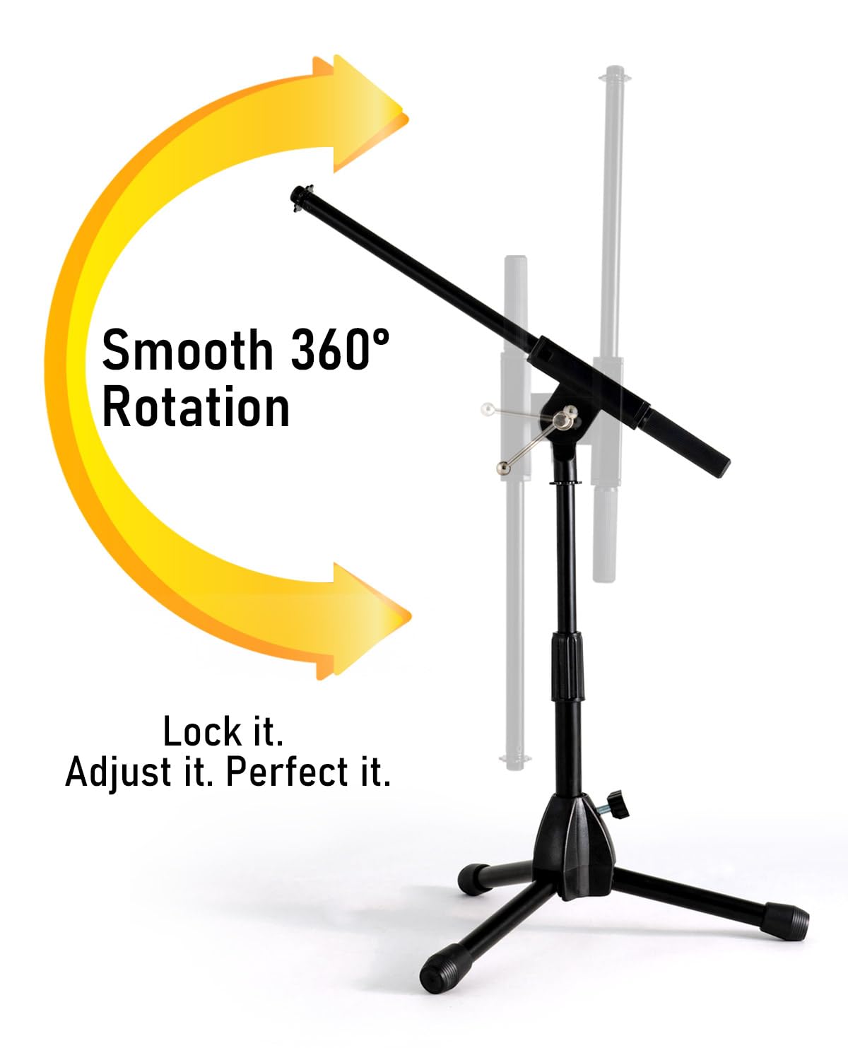 Stage Rocker Foldable Tripod Low-Profile Mic Boom Stand - Height Extending from 9.6'' to 16.9'', w/Adjustable Telescoping Arm Up