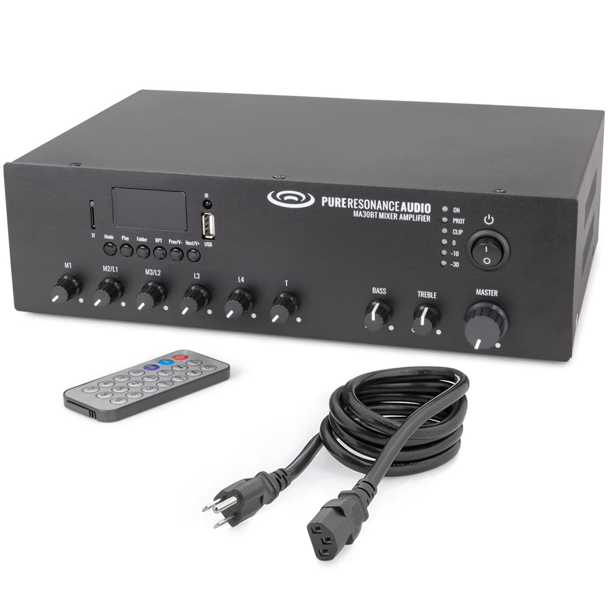 Pure Resonance Audio MA30BT 30 Watt 7-Channel Commercial Mixer Amplifier with Bluetooth (70V/100V or 4/8/16 ohm Outputs)