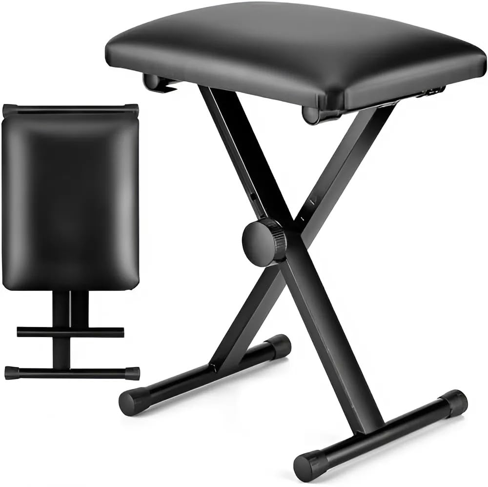 Powerpak Pb-1X Adjustable Piano Keyboard Bench, Collapsible X-Style Stool Chair Seat, Thickness High-Density Non-Skid Design, Bl