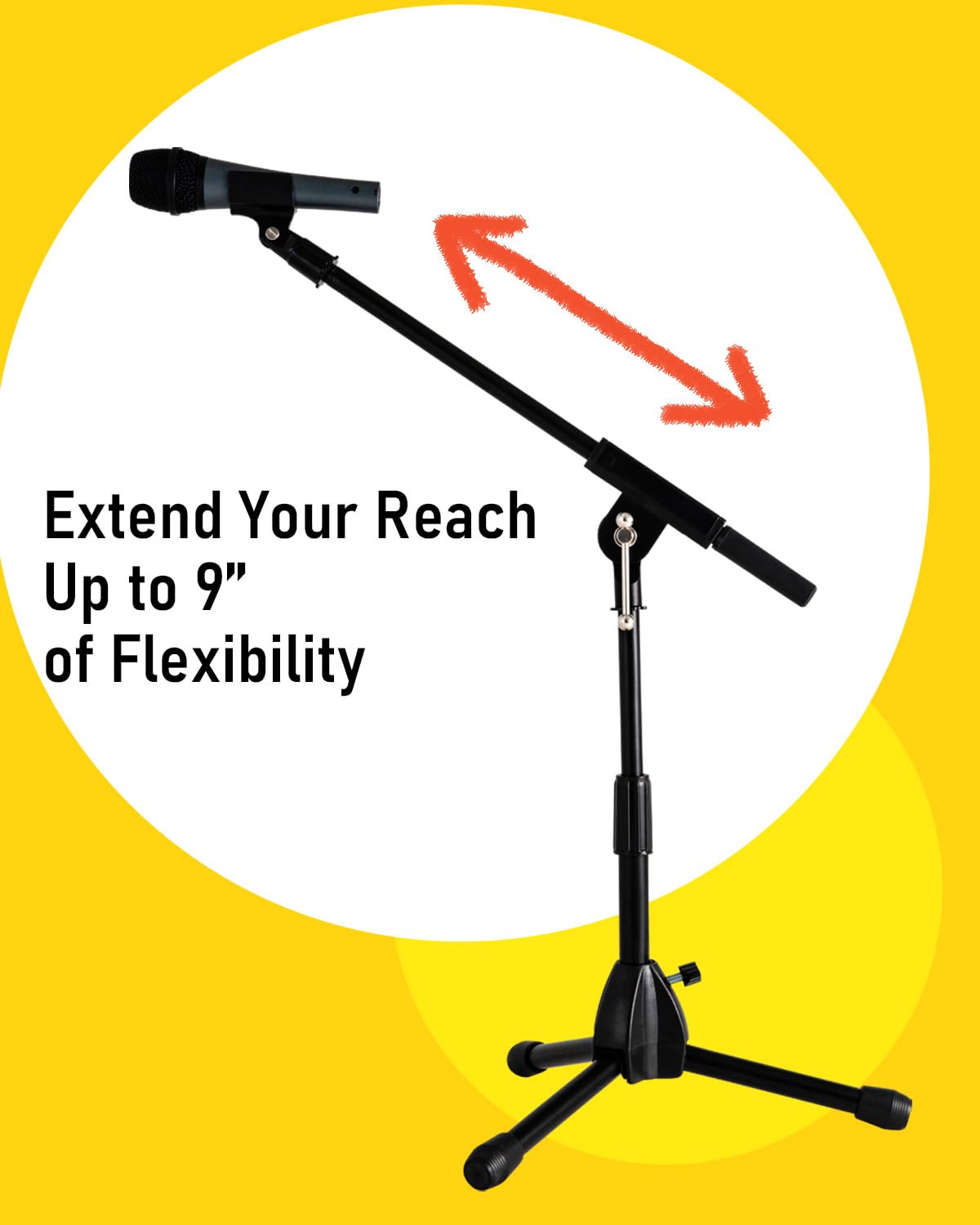 Stage Rocker Foldable Tripod Low-Profile Mic Boom Stand - Height Extending from 9.6'' to 16.9'', w/Adjustable Telescoping Arm Up
