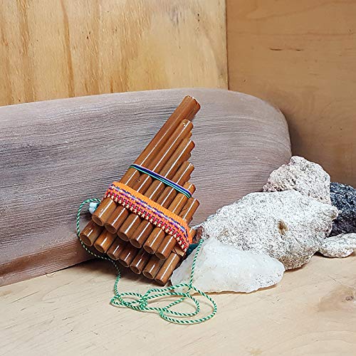 Natural Bamboo Wooden Pan Flute Pipe with Multicolored Tribal Print Woven Cotton Strap - Handmade Woodwind Gifts Peruvian Musica