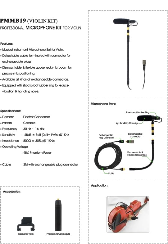 Rannsgeer PMMB19-LS-VL Musical Instrument Microphone with Violin Clip On & 5 Connectors