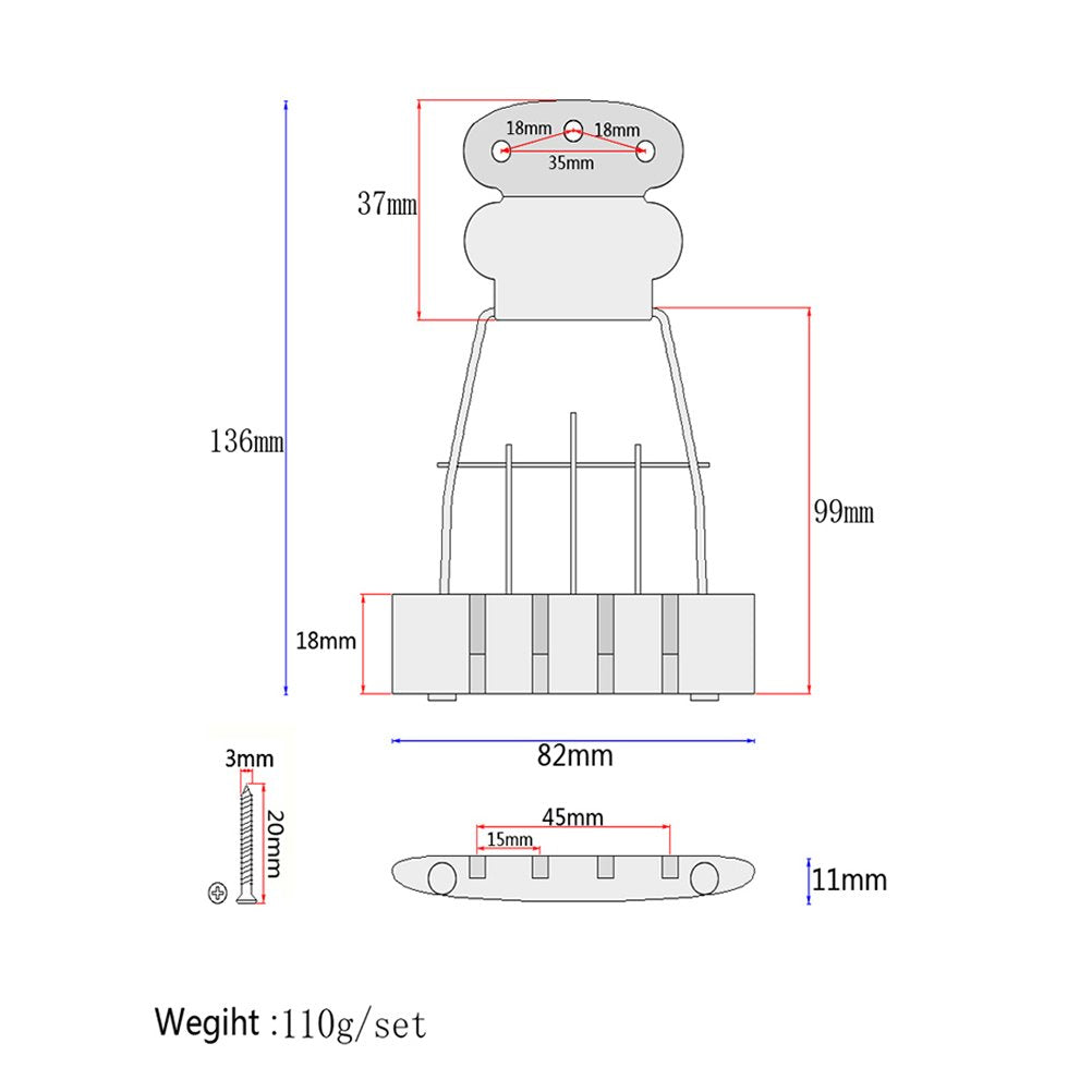 ULTNICE 4 String Guitar Trapeze Tailpiece Adjustable Guitar Tailpiec Bridge with Screws for Archtop Jazz Bass Guitar 15mm Spacin