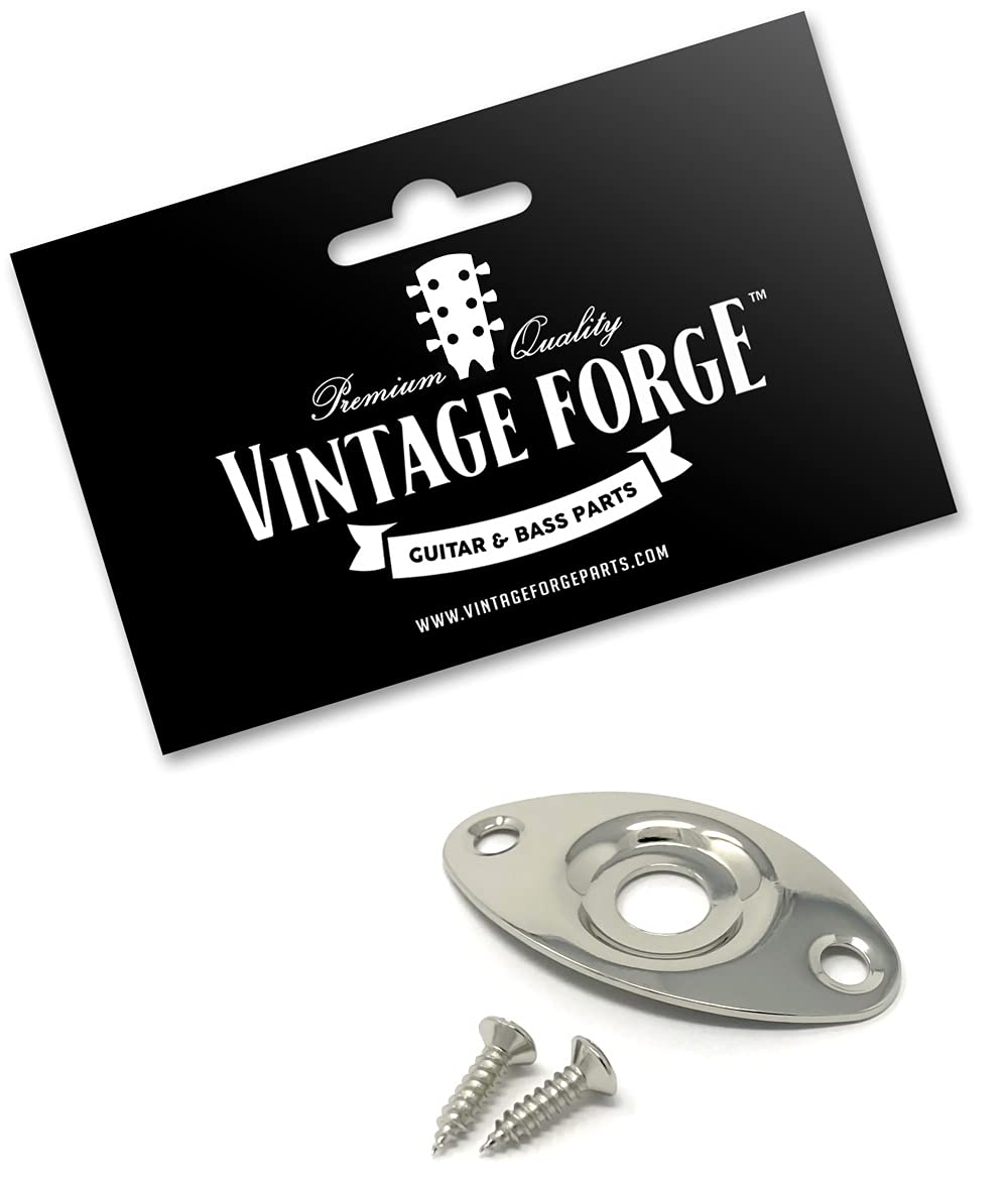 Vintage Forge Nickel Oval Jack Plate for Guitar and Bass with Screws Curved Metal Indented Football Shape JPF20-NKL