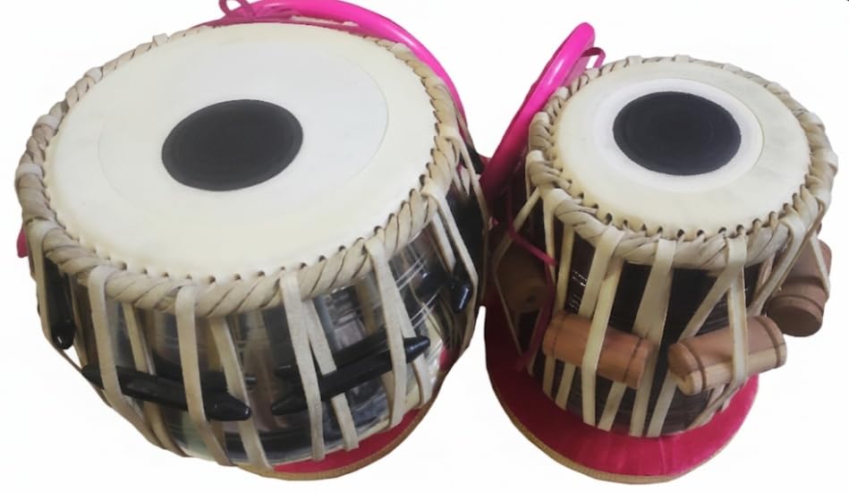 Tabla Set With Steel Bayan, Traditional Indian Percussion Drums With Pink Cushions And Carrying Case