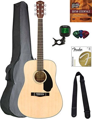 Fender Cd-60S Solid Top Dreadnought Acoustic Guitar - Natural Bundle With Gig Bag, Tuner, Strap, Strings, Picks, And Austin Baza
