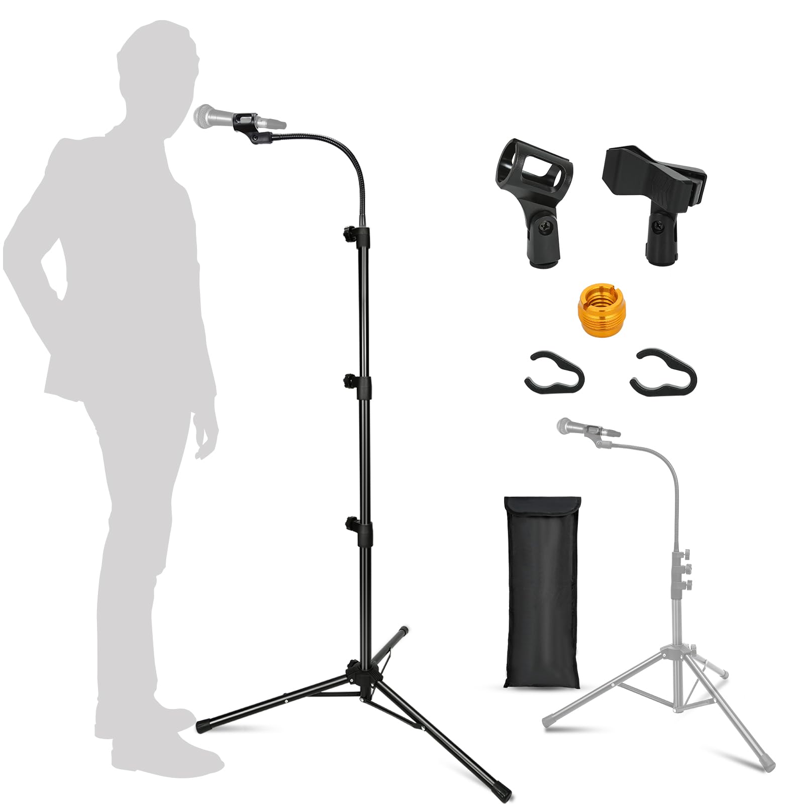 Mic Stand, Boom Microphone Stands Tripod Gooseneck Microphone Stand Height Adjustable from 24 to 67 with 2 Mic Clips for Singing