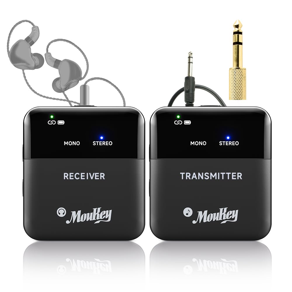Moukey Wireless in Ear Monitor System, Stereo IEM System 2.4G Wireless with Transmitter Beltpack Receiver, Automatic Pairing in 