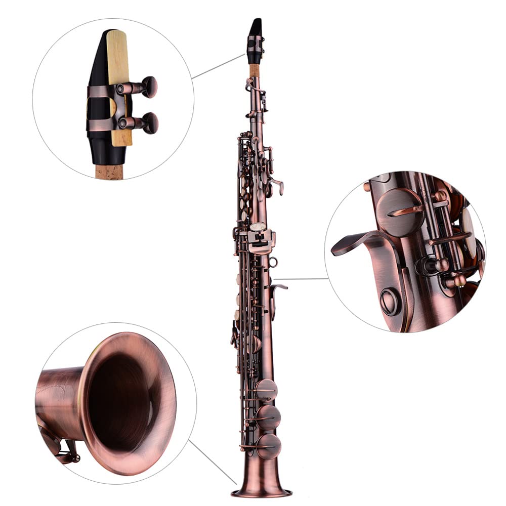 Btuty Red Bronze Bb Soprano Saxophone Sax Woodwind Instrument Carve Pattern with Case Gloves Cleaning Cloth Straps Brush