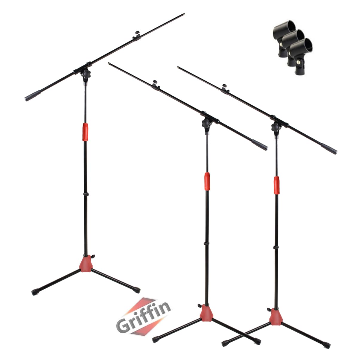 Microphone Stand (Pack Of 3) With Telescopic Boom Arm By Griffin | Mic Clip Adapter Tripod Folding Legs | Adjustable Holder Moun