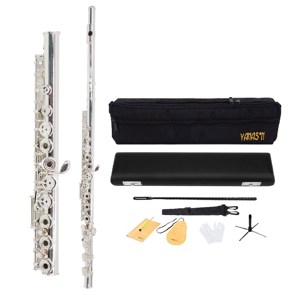 Yanason Open Hole C Flutes 17 Key Silver Beginner Student With Carrying Case Gloves Cleaning Rod Adjustment Screws And Cloth (17