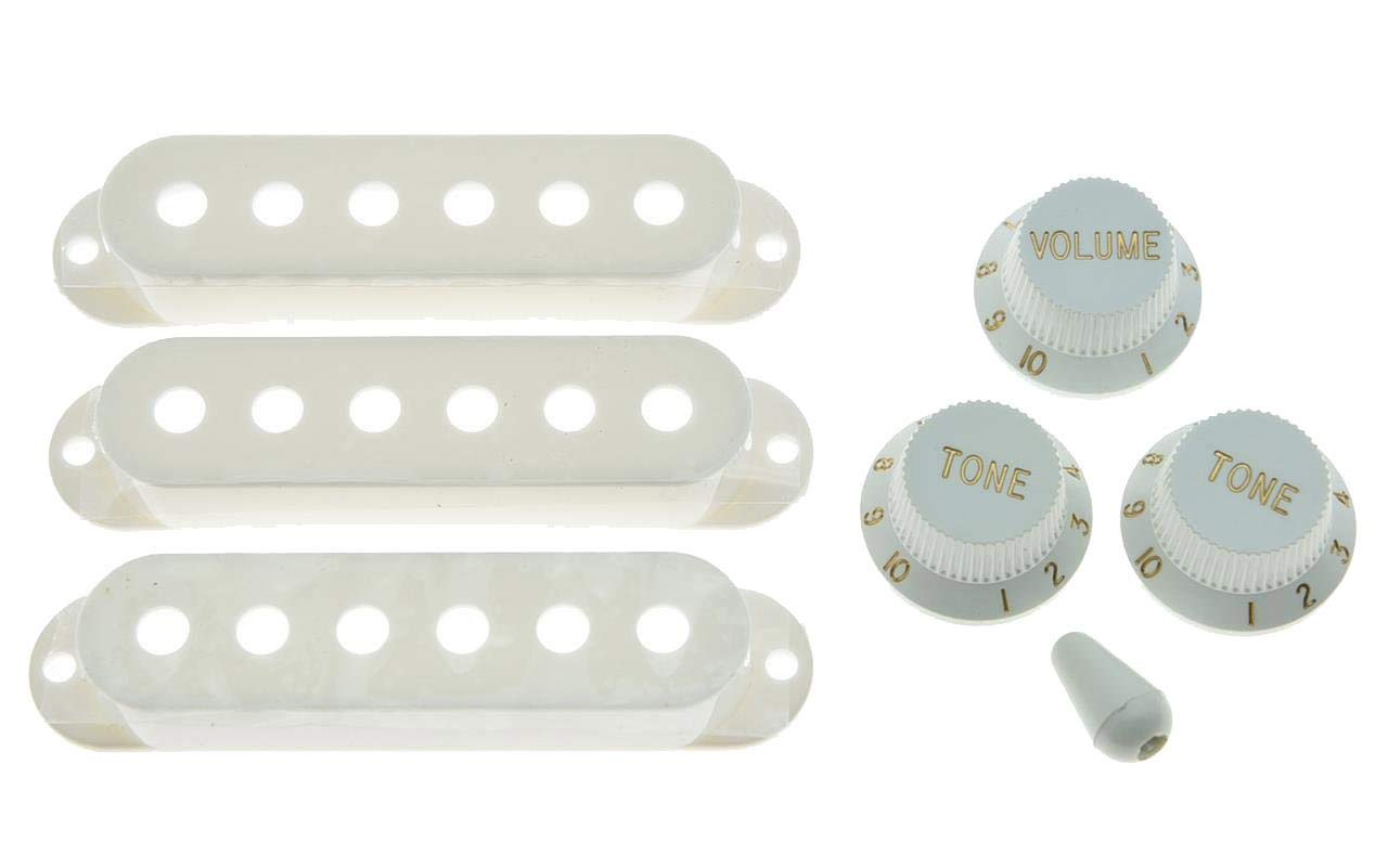 KAISH White ST Strat Pickup Covers Knobs and 5 Way Switch Tip Cap