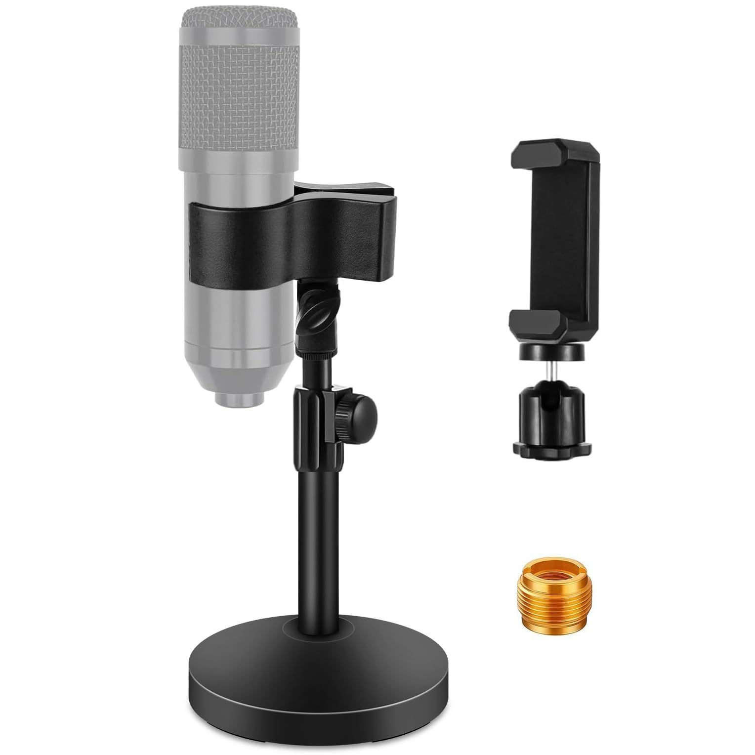 BILIONE Versatile Desktop Microphone Stand, Adjustable Table Mic Stand with Large Microphone Clip, Cell Phone Clip, 5/8 Male to 