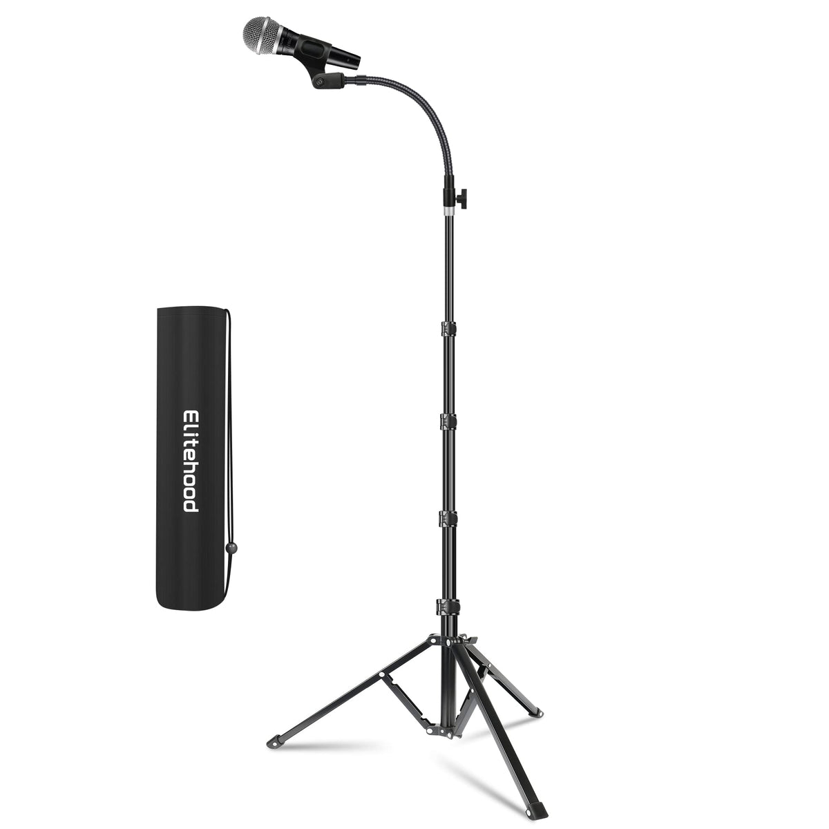 Elitehood Aluminum Foldable Microphone Stand, 82 Tall & Height Adjustable Mic Stand Boom, Microphone Tripod Stand With Mic Clip