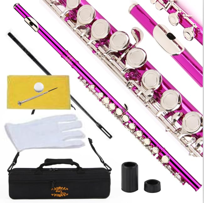 Glory Closed Hole C Flute With Case, Tuning Rod And Cloth And Gloves Pink