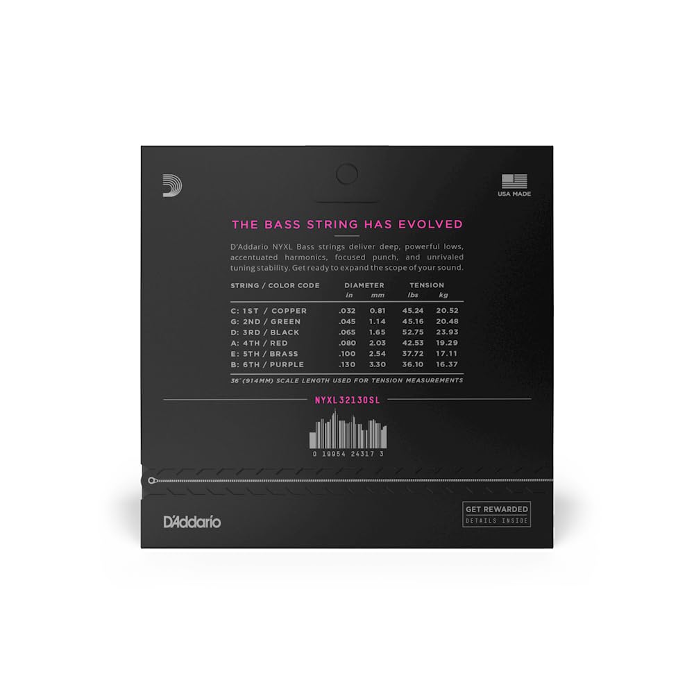D'Addario Bass Guitar Strings - NYXL Bass Strings - NYXL32130SL - Unrivaled Strength, Tuning Stability, Enhanced Response - For
