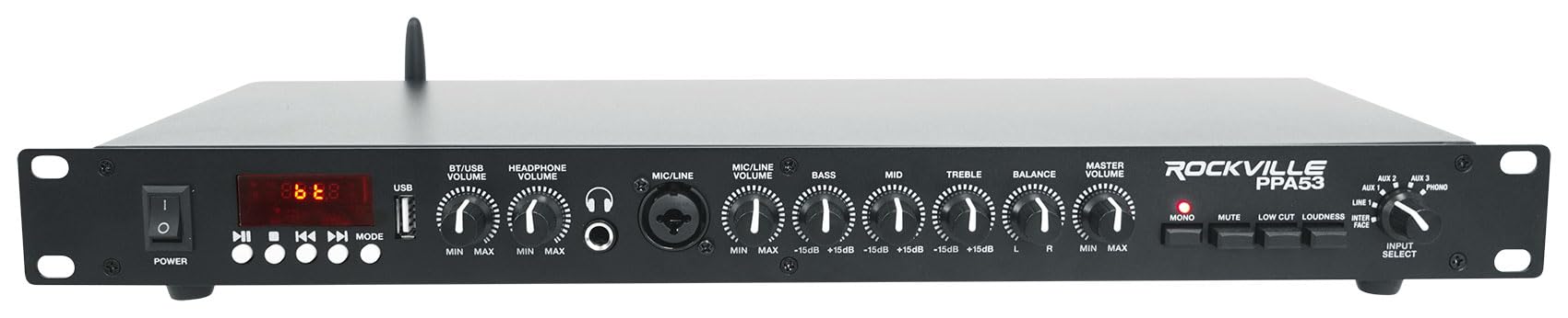 Rockville PPA53 Preamp Pro 1U Preamplifier w/Bluetooth, USB/Computer Interface, Multi-Input, High-Fidelity Audio, for Home Studi