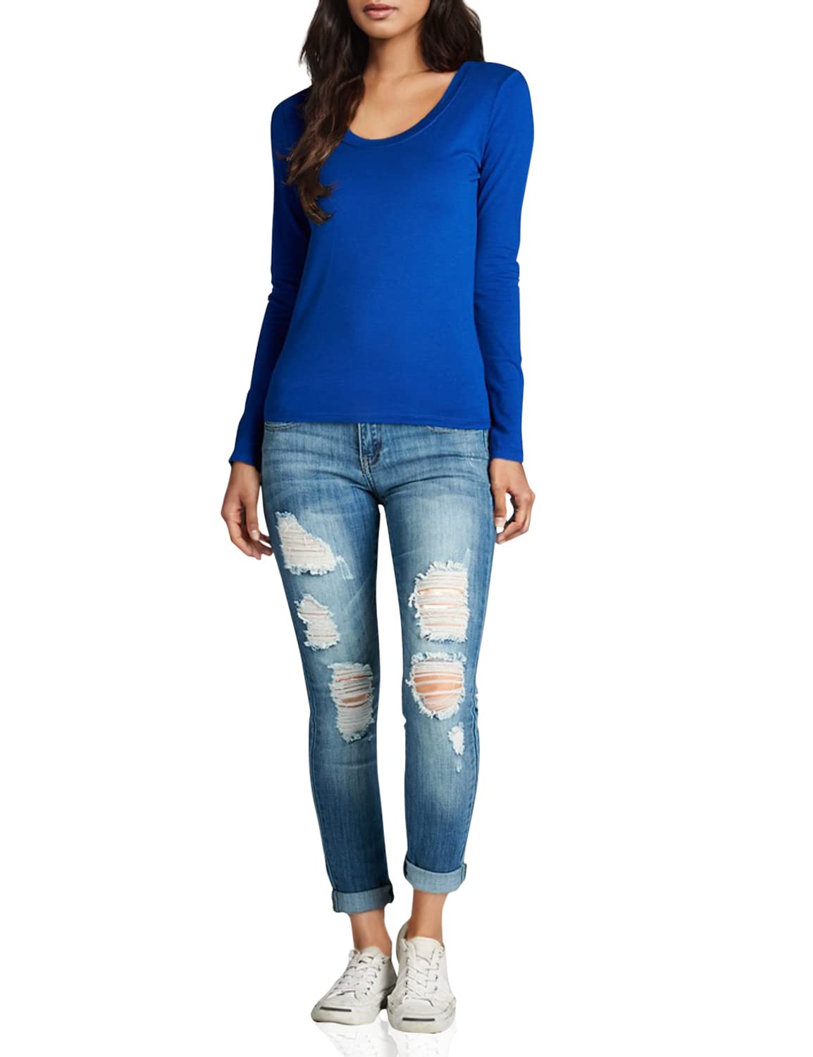 Emmalise Womens Junior And Plus Size Basic Scoop Neck Tshirt Long Sleeve Tee, 1Xl, 3Pk White, Royal, Navy