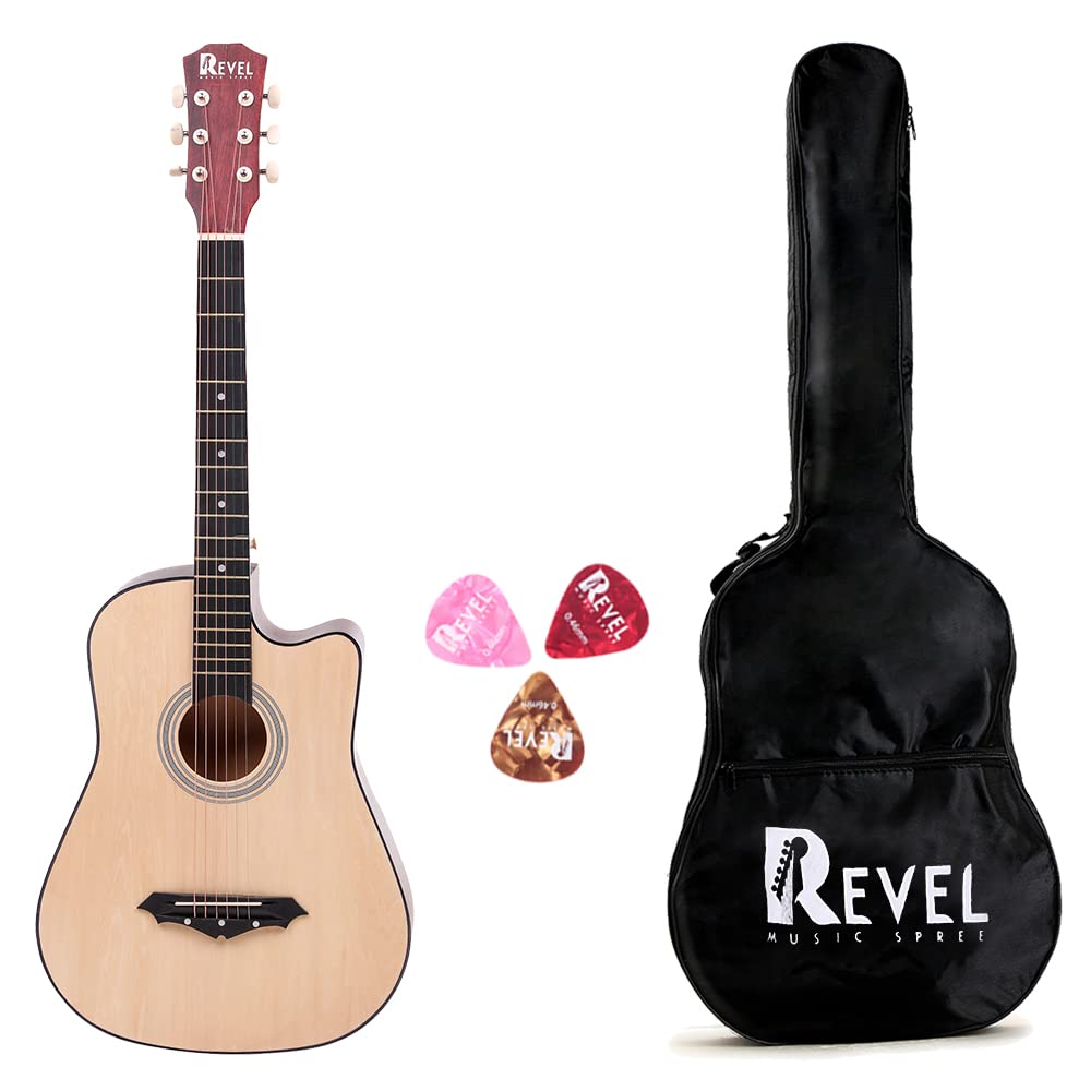 Revel 38 Inches Lindenwood Cutaway Design Acoustic Guitar With Carry Bag And Plectrums (Natural, Beige)
